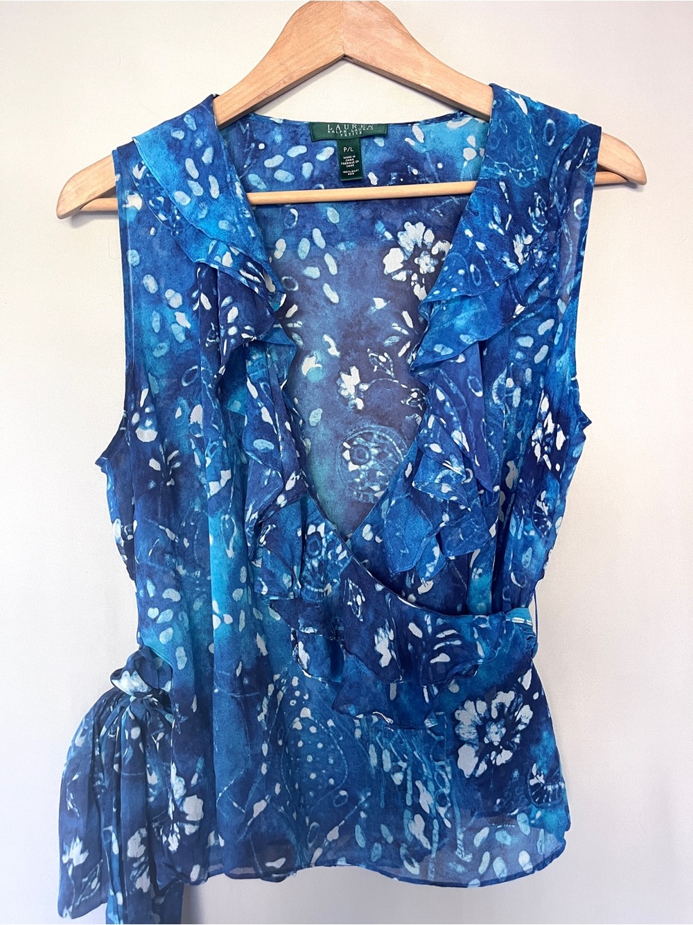 Lauren Ralph Lauren Silk Ruffle Wrap Top Blue Floral Petite L